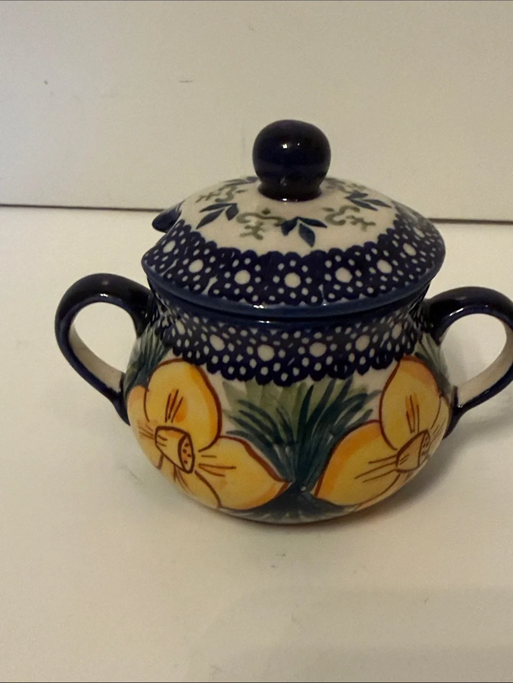 POLISH POTTERY SET SUGAR LID CREAMER TRAY BLUE WHITE GREEN HANDMADE BOLESLAWIEC